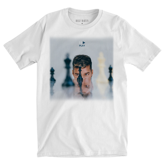 White t-shirt with a graphic design of a man and chess pieces on a white background