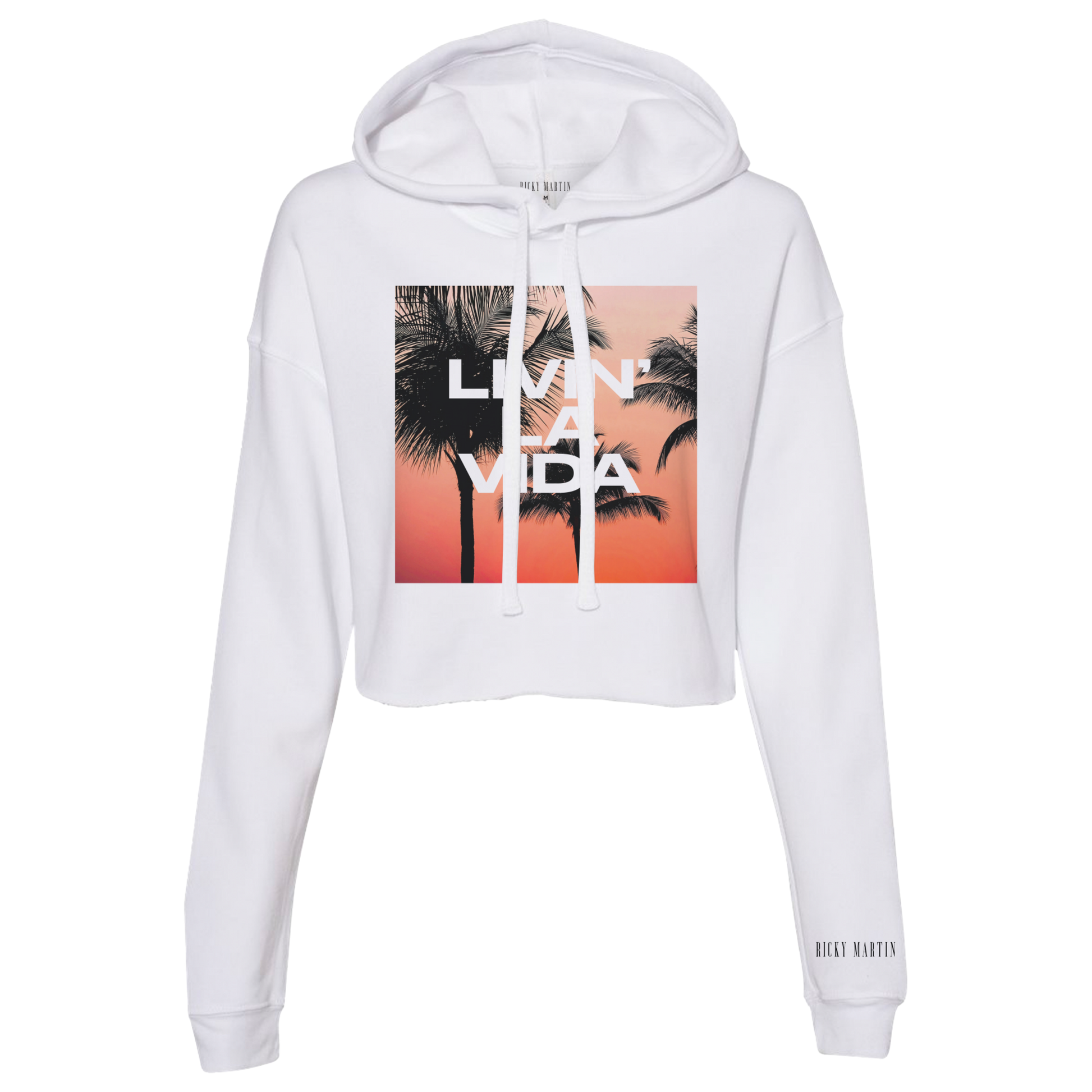 White hoodie with palm tree design and 'Livin' La Vida' text on a white background