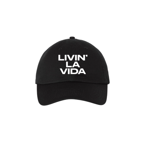 Black cap with 'LIVIN' LA VIDA' text on a white background