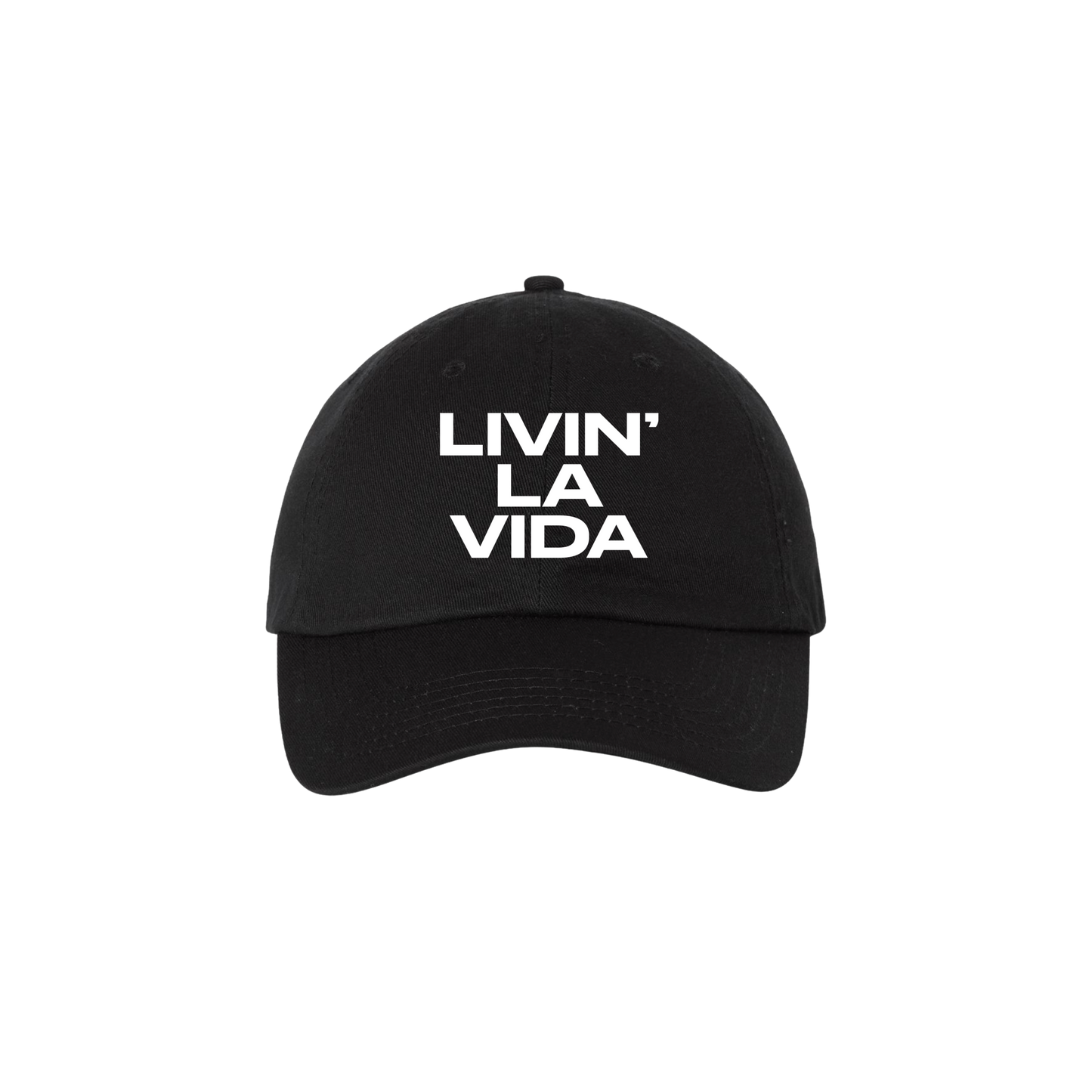 Black cap with 'LIVIN' LA VIDA' text on a white background