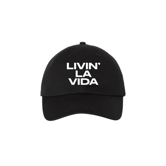 Black cap with 'LIVIN' LA VIDA' text on a white background
