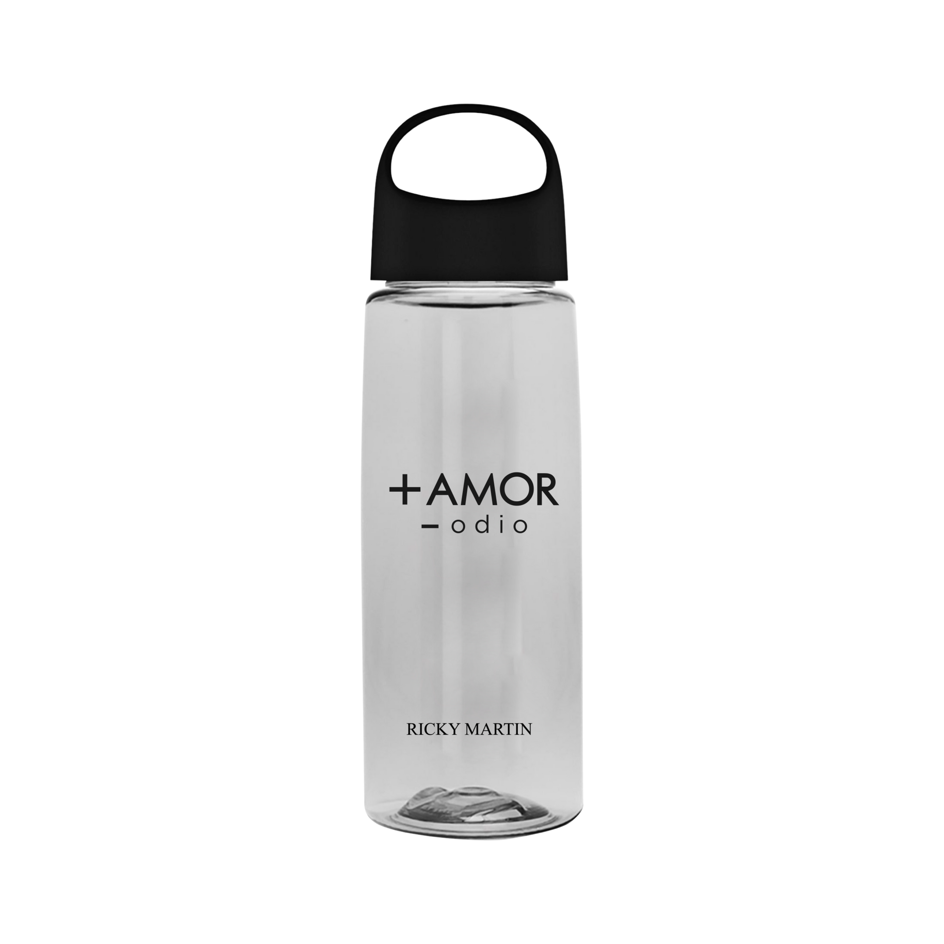 Clear water bottle with black lid and 'AMOR odio' text on a white background