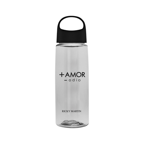 Clear water bottle with black lid and 'AMOR odio' text on a white background
