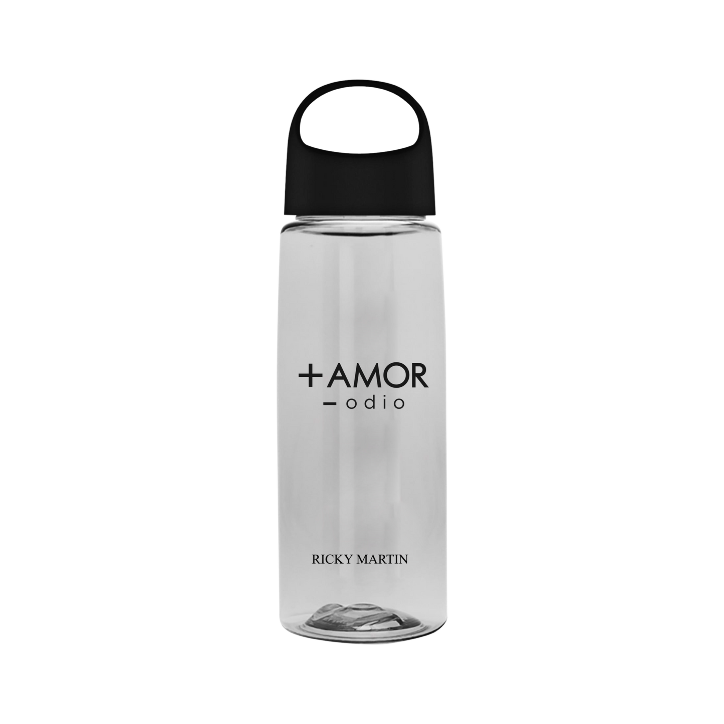 Clear water bottle with black lid and 'AMOR odio' text on a white background