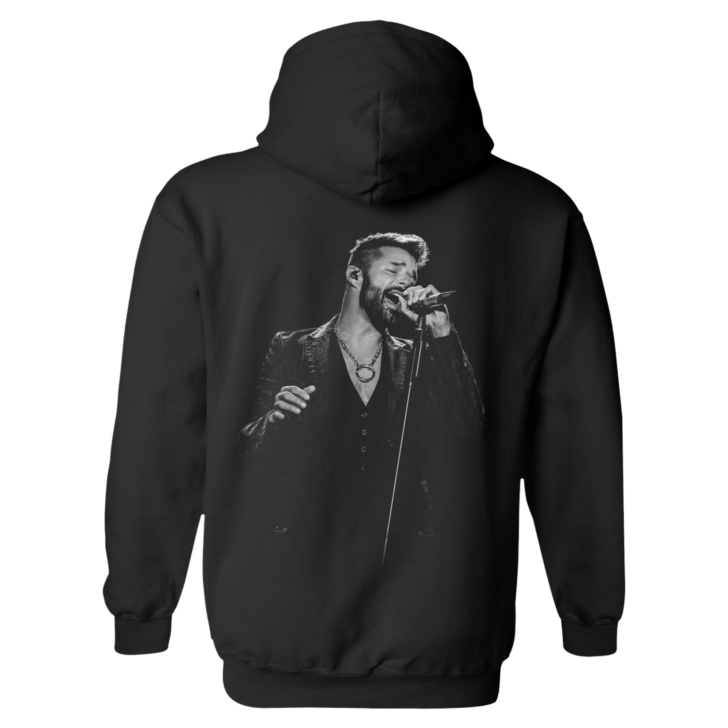 Black hoodie with a graphic of a man singing on the back, on a white background