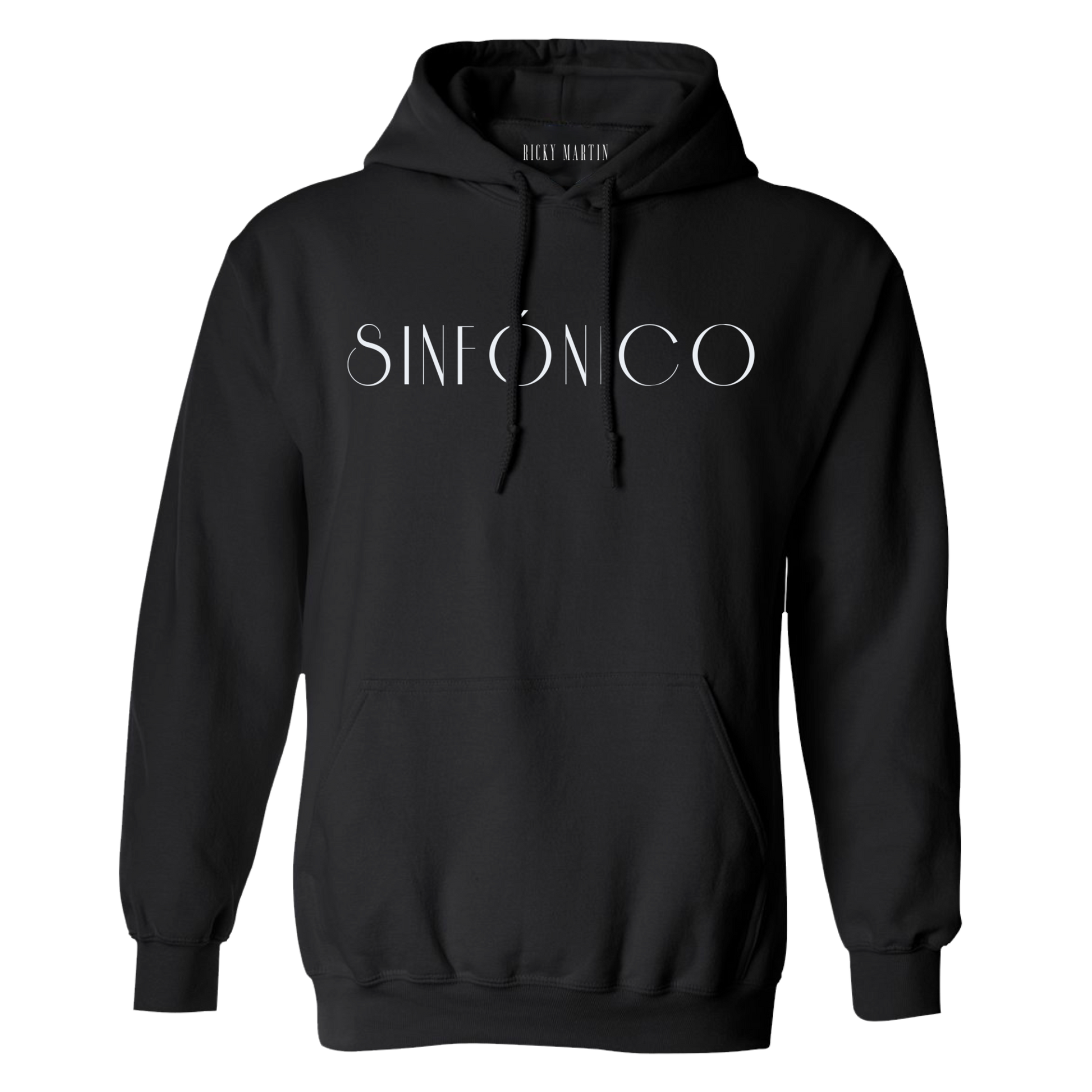 Black hoodie with 'Sinfónico' text on a white background