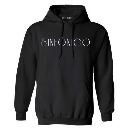 Black hoodie with 'Sinfónico' text on a white background
