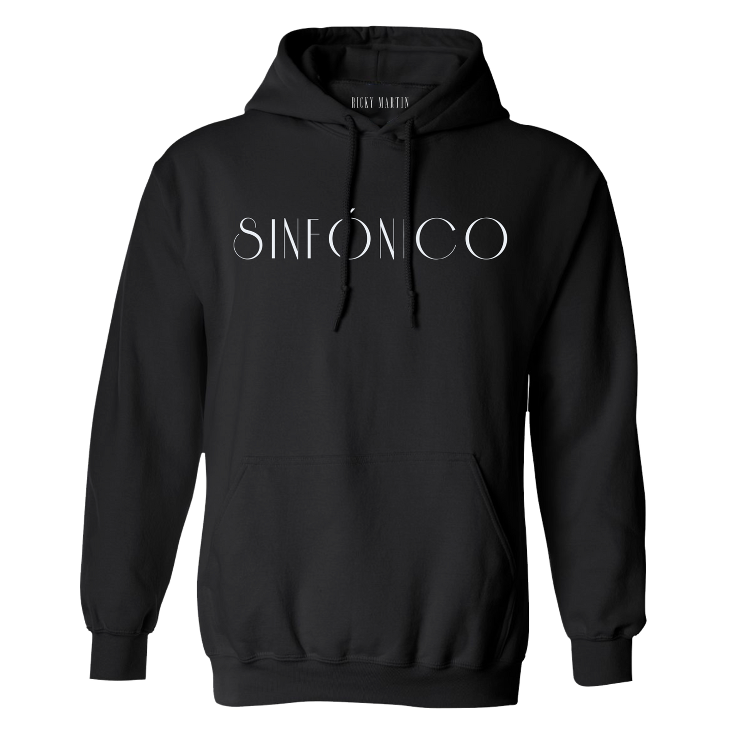 Black hoodie with 'Sinfónico' text on a white background